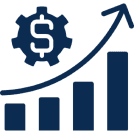 Graph showing increasing financial growth trend with gear and dollar symbol.