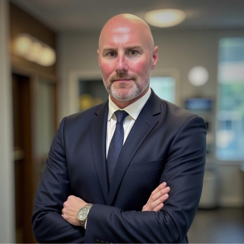 Confident businessman in a suit standing with arms crossed indoors.